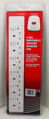 RED/GRAY 6 Way Extension Lead With Switches
